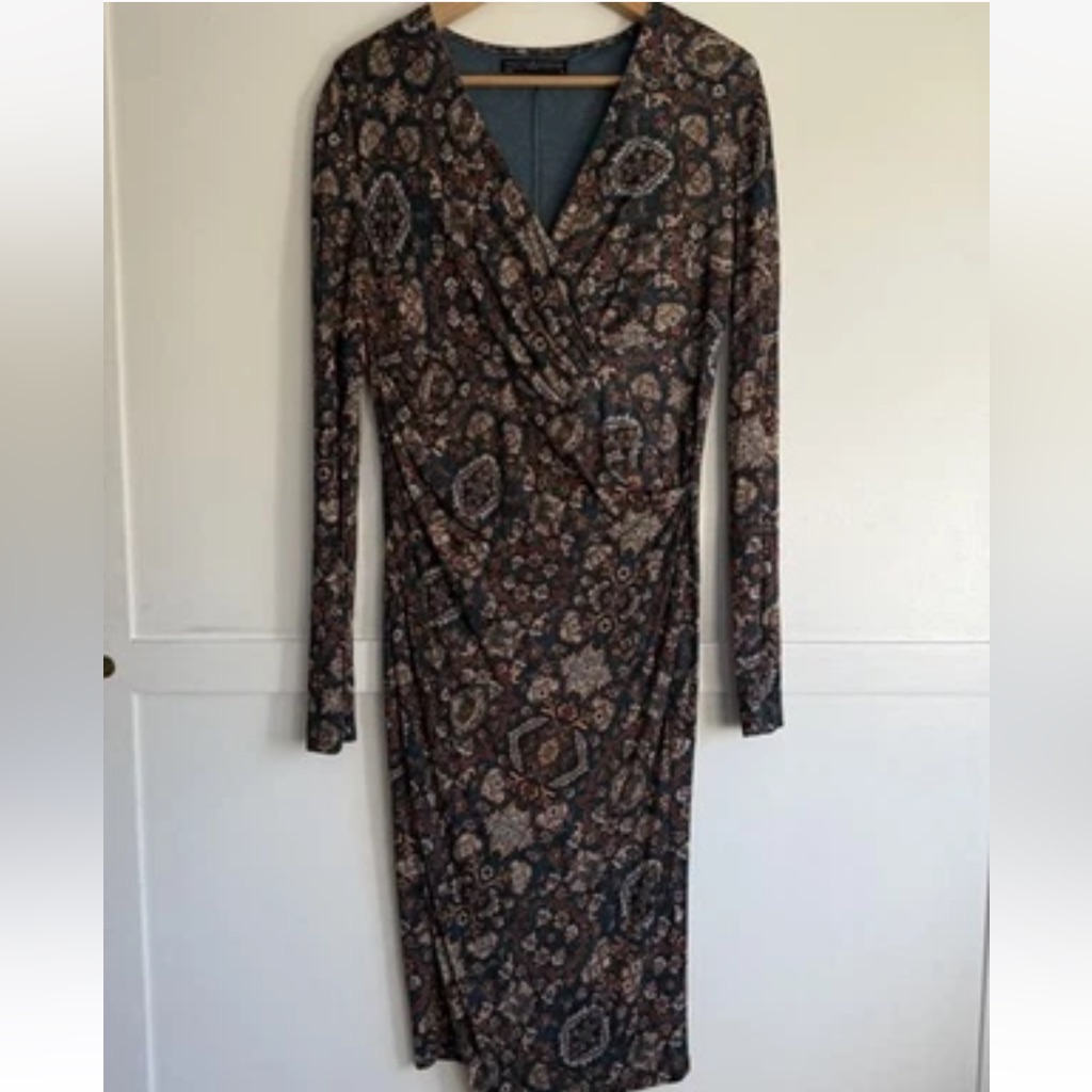 Peruvian Connection Ariana Dress Womens Medium Faux Wrap Stretch Midi Persian